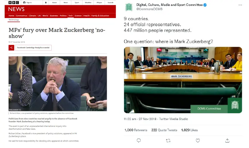 2 examples, a BBC webpage and twitter post highlighting the work of select committees.